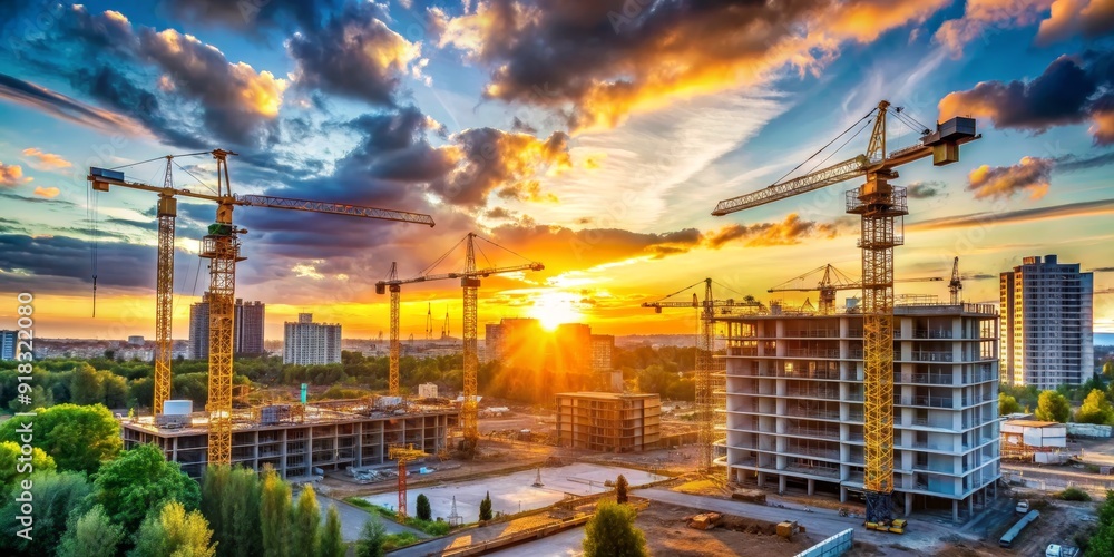 Fototapeta premium Construction Cranes at Sunset, Cityscape , Construction , Development , Urban