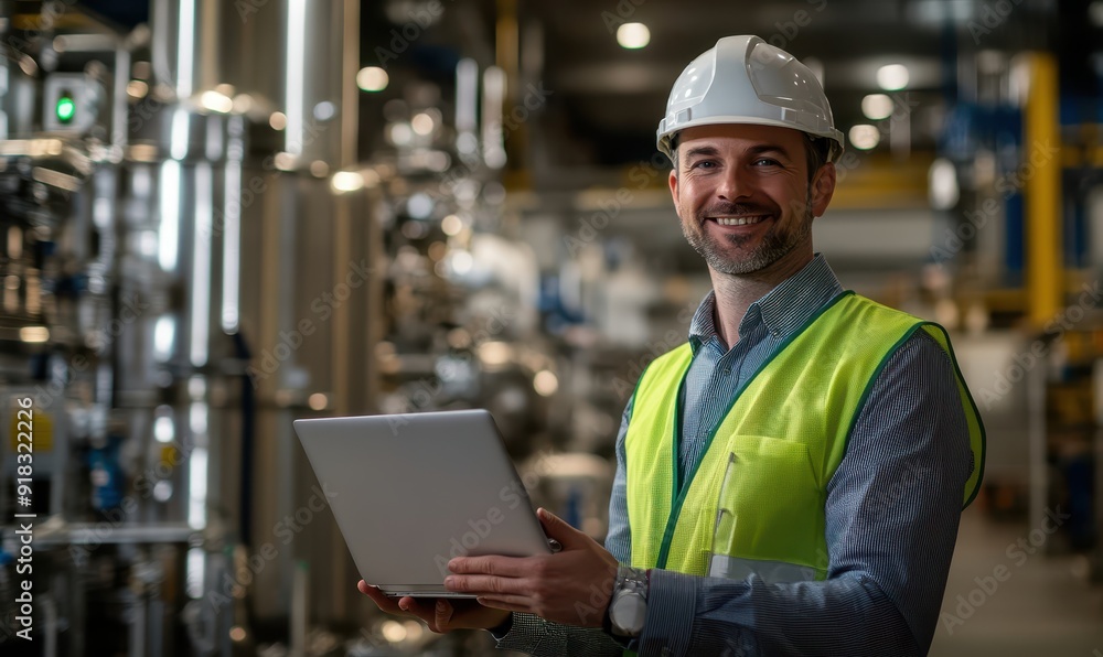 engineer in a factory, Caucasian smiling worker wearing white hat with green safety vest in industrial holding laptop to check and control electronic machine industry engineer in a factory, Caucasian smiling worker wearing white hat with green safety vest in industrial holding laptop to check and control electronic machine industry