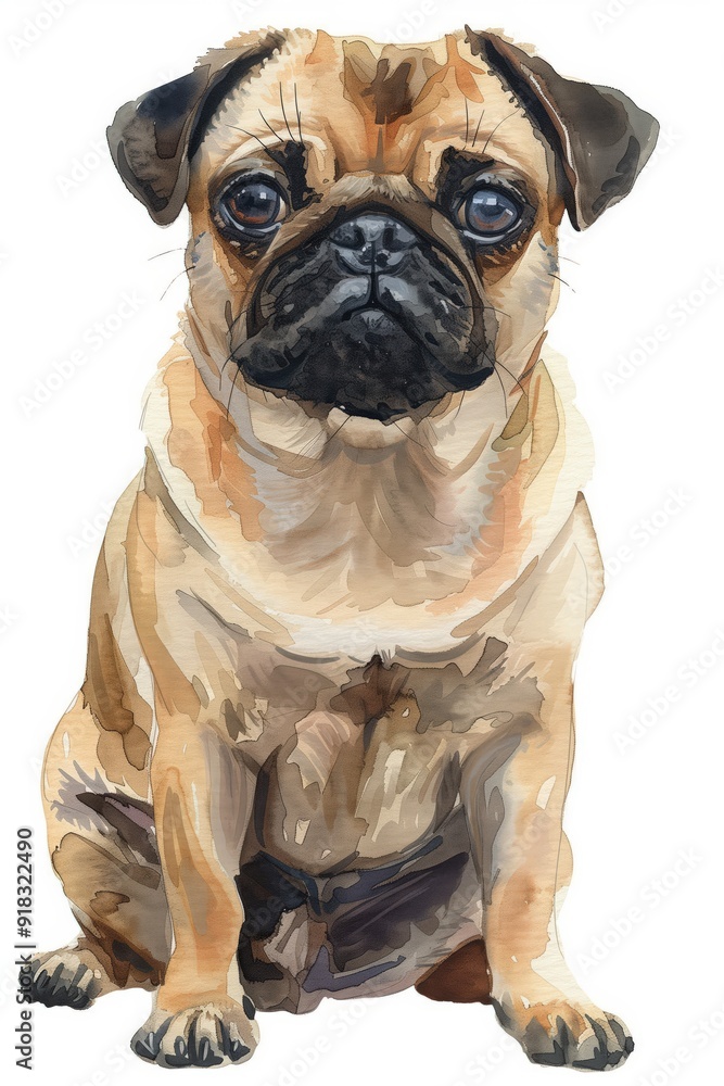 A watercolor illustration of a pug sitting, showcasing its expressive eyes and distinctive features. A watercolor illustration of a pug sitting, showcasing its expressive eyes and distinctive features.