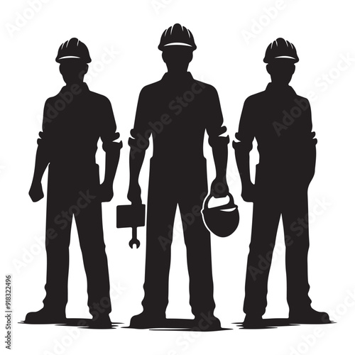 Silhouettes of Construction Workers with Tools and Hard Hats