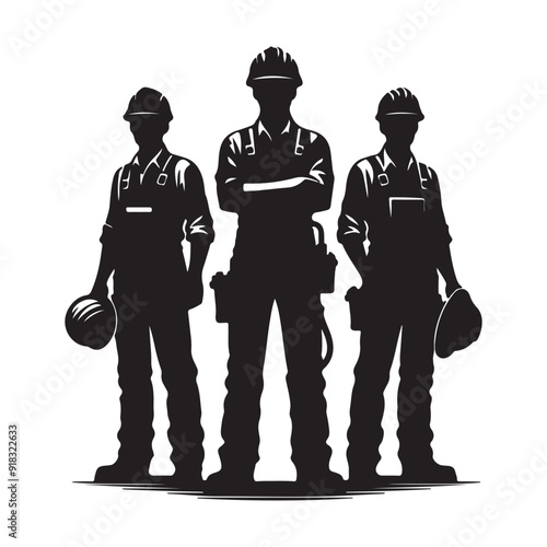 Silhouettes of Construction Workers with Tools and Hard Hats
