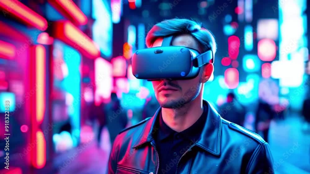 A young man wearing a virtual reality headset walks down a city street at night, illuminated by colorful neon lights. A young man wearing a virtual reality headset walks down a city street at night, illuminated by colorful neon lights.