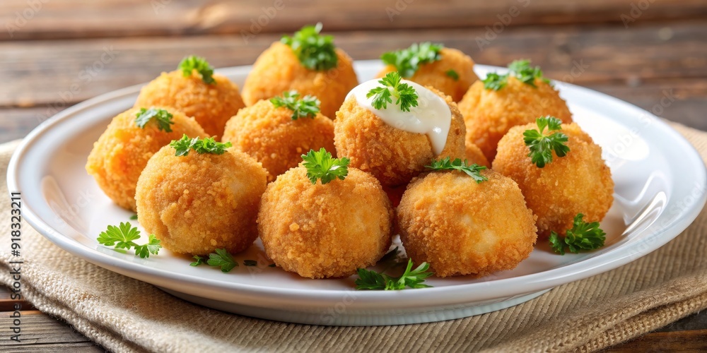 Crispy Fried Potato Balls with Creamy Dip, Appetizer , Snack , Food , Delicious Crispy Fried Potato Balls with Creamy Dip, Appetizer , Snack , Food , Delicious