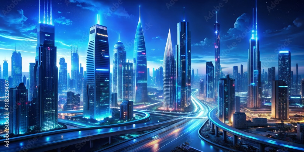 Cyberpunk Cityscape Aerial View of a Futuristic City at Night with Illuminated Skycrapers and Curved Highways, cyberpunk, futuristic city, digital art, night cityscape Cyberpunk Cityscape Aerial View of a Futuristic City at Night with Illuminated Skycrapers and Curved Highways, cyberpunk, futuristic city, digital art, night cityscape