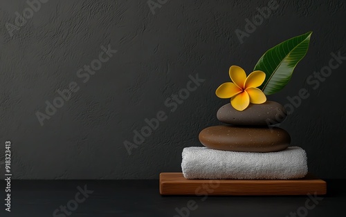 A relaxing spa setup with a white towel, smooth stones, and frangipani flowers photo