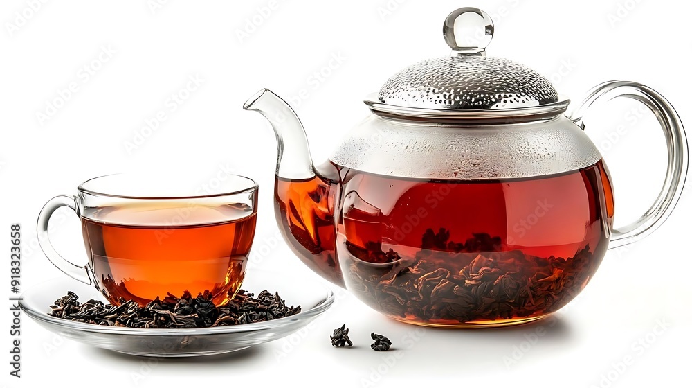 Glass Teapot and Cup of Tea, Realistic Photo Glass Teapot and Cup of Tea, Realistic Photo
