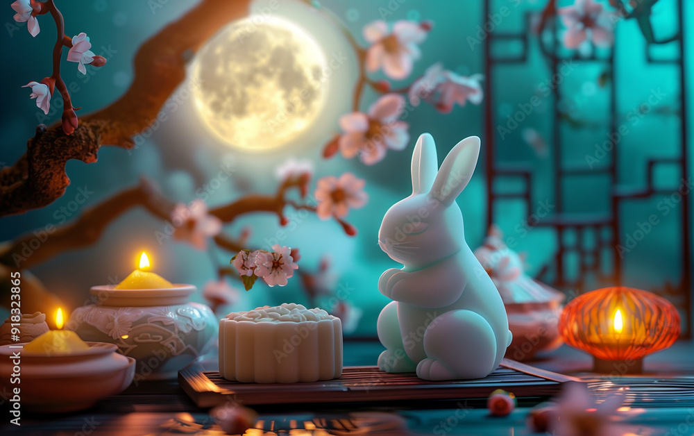 there is a white rabbit sitting on a table with candles there is a white rabbit sitting on a table with candles