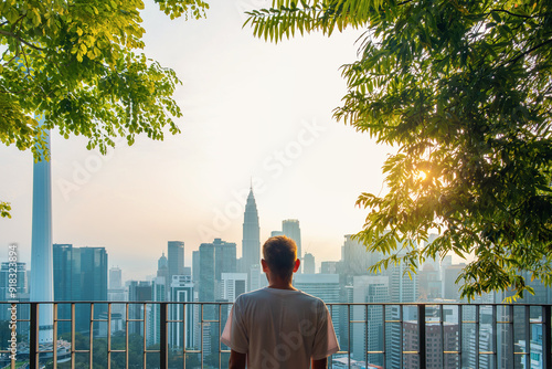 Photography Rear view of man standing on the rooftop terrace of high rise building with green trees and looking at panoramic skyline of Kuala Lumpur city at sunrise, Malaysia