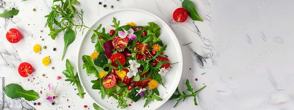 plate of salad with flowers on white table. Generative AI, plate of salad with flowers on white table. Generative AI,