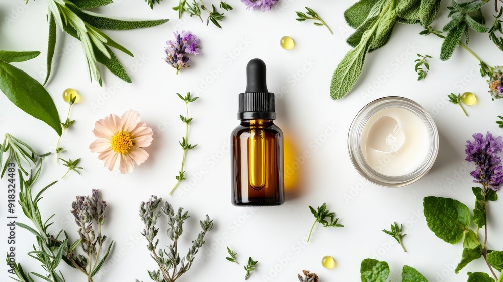 Flat lay of botanical skincare products with essential oil dropper bottle, cream jar, and various fresh herbs and flowers on white background. Flat lay of botanical skincare products with essential oil dropper bottle, cream jar, and various fresh herbs and flowers on white background.