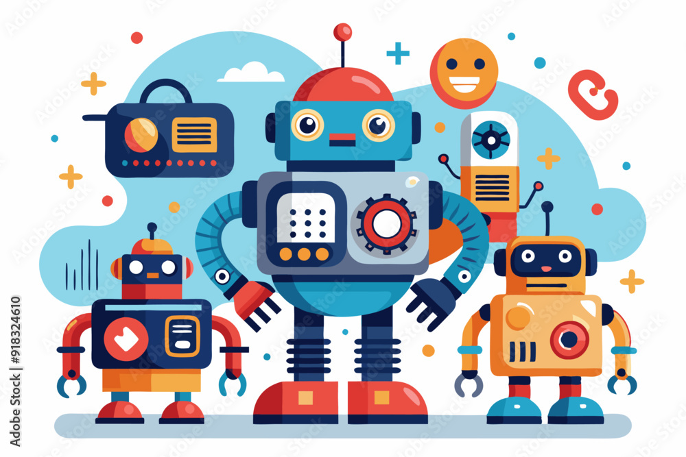 Three Friendly Robots with Colorful Designs and Features Three Friendly Robots with Colorful Designs and Features
