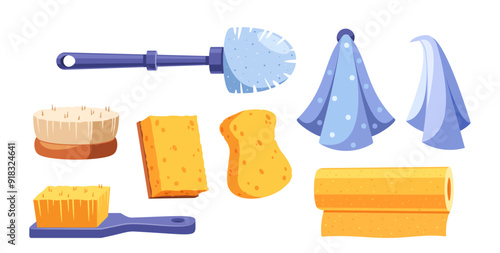 Collection Of Eco-friendly Cleaning Products Sponges, Brushes, And Cloths. Cartoon Household Tools