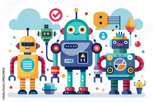 Group of friendly robots standing together against a cloudy background