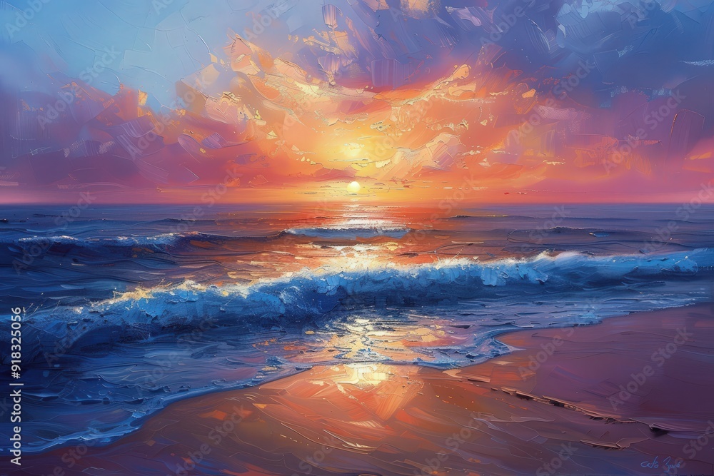 A vibrant sunset over the ocean, reflecting colorful skies and waves on the shore. A vibrant sunset over the ocean, reflecting colorful skies and waves on the shore.