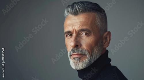 Middle-aged model with a classic yet modern haircut, posing for a professional photo shoot.