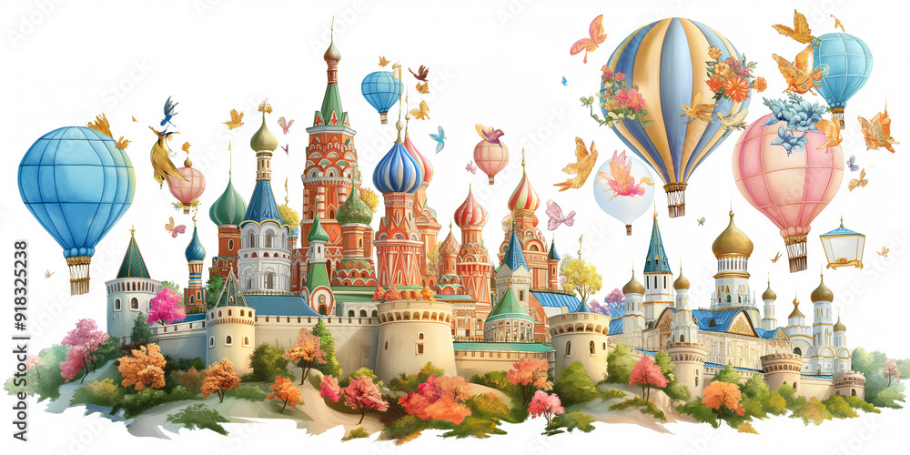 Fototapeta premium there are many balloons flying over a castle with a lot of trees