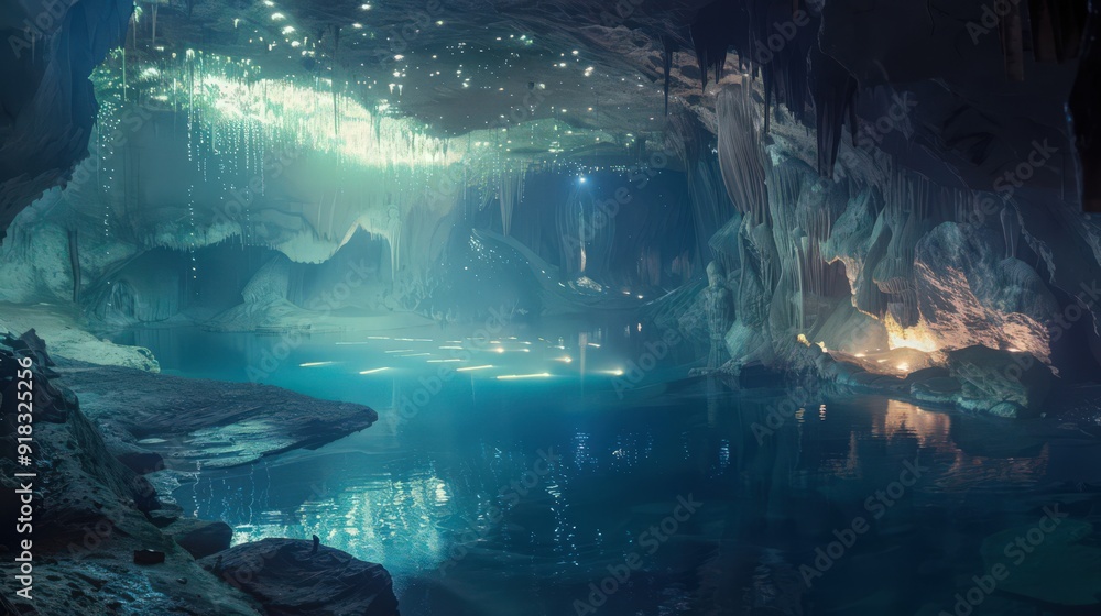 The cavernous cave reveals a stunning underground lake, with the water reflecting The cavernous cave reveals a stunning underground lake, with the water reflecting