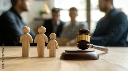 A family wooden figure and gavel on a judge's table in a courthouse during a court hearing. with a lawyer in the background. Family law concept, divorce lawyer, joint custody of child, and alimony.