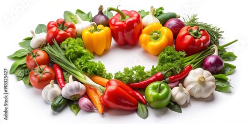 Wallpaper Mural Fresh Veggie Circle Colorful Peppers, Garlic, and Greens, white background , food photography , healthy eating , organic vegetables Torontodigital.ca