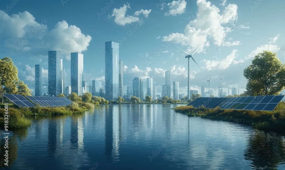 Wind turbines and solar panels in a modern city, representing renewable energy Wind turbines and solar panels in a modern city, representing renewable energy