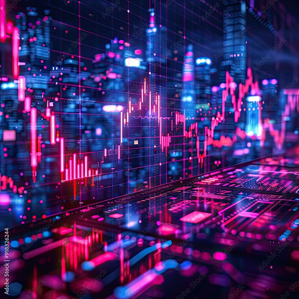 Vibrant digital stock market graph on a futuristic cityscape background. Financial data analysis, economic trends, and technology concept. Vibrant digital stock market graph on a futuristic cityscape background. Financial data analysis, economic trends, and technology concept.