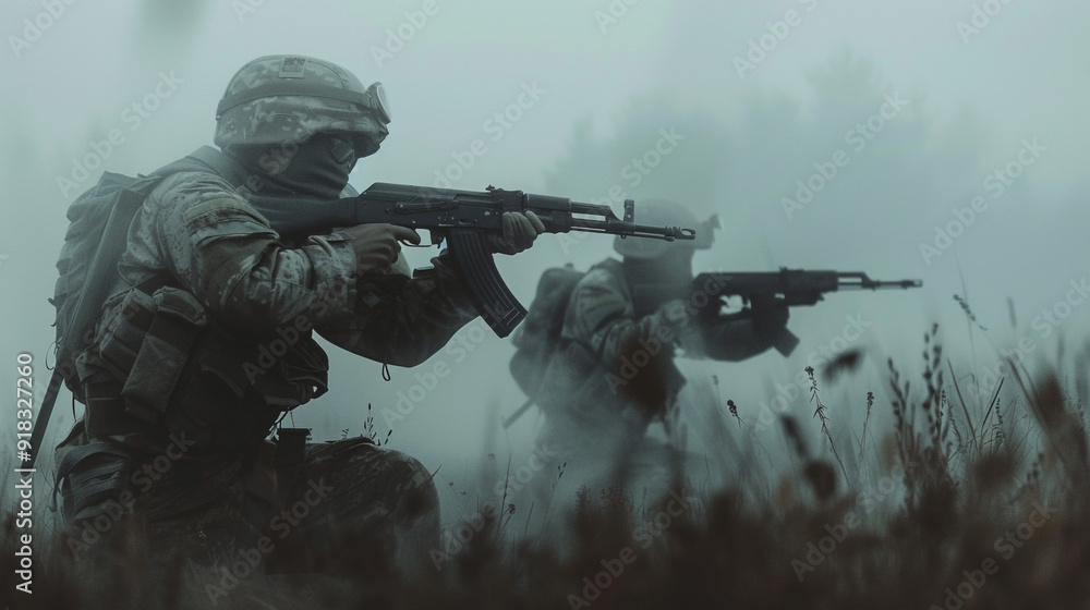 The tense atmosphere of several armed soldiers operating on a foggy battlefield The tense atmosphere of several armed soldiers operating on a foggy battlefield