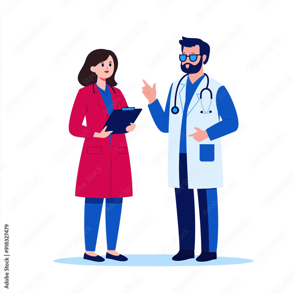A healthcare scene depicting a doctor and nurse discussing patient care with a clipboard in a modern clinic setting. A healthcare scene depicting a doctor and nurse discussing patient care with a clipboard in a modern clinic setting.