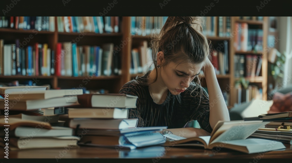 Young woman in a ponytail, studying at a library surrounded by books. Young woman in a ponytail, studying at a library surrounded by books.