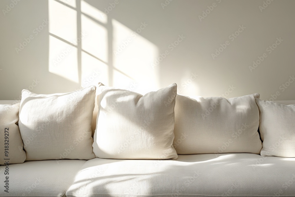 Minimalist white sofa with cozy pillows in bright living room, sunlight casting window shadows. Modern home decor. Minimalist white sofa with cozy pillows in bright living room, sunlight casting window shadows. Modern home decor.
