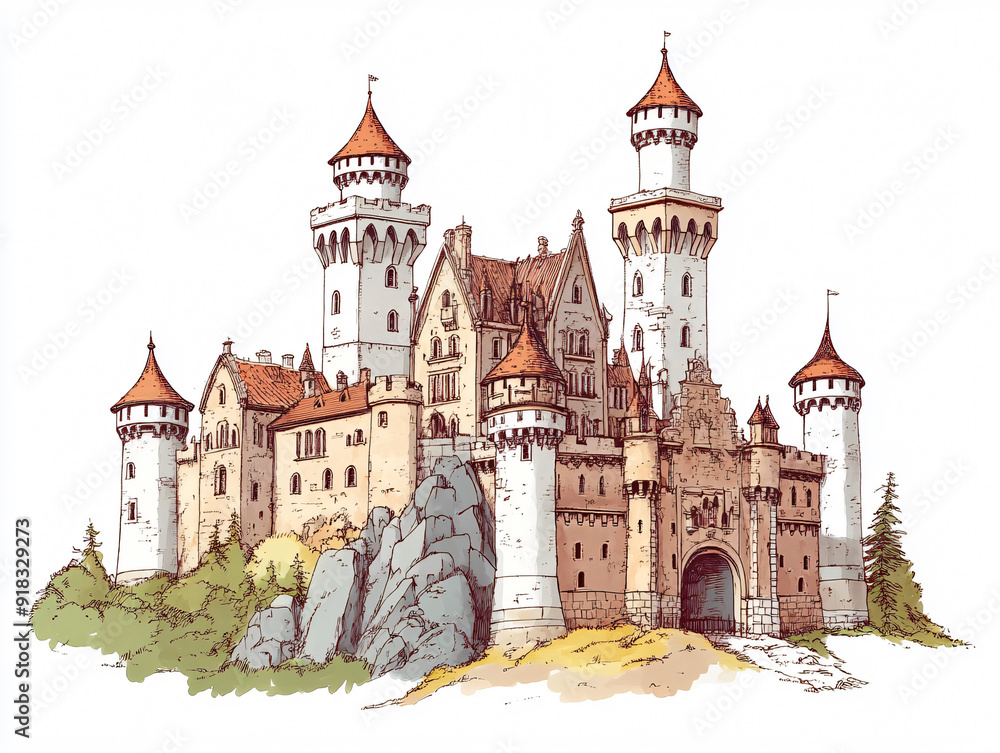 Fototapeta premium Illustration Medieval European Castle in a Historic City on isolated white background
