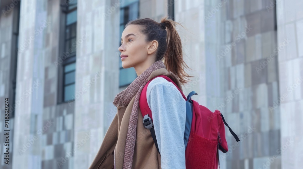 Stylish woman with a ponytail, running errands around town. Stylish woman with a ponytail, running errands around town.