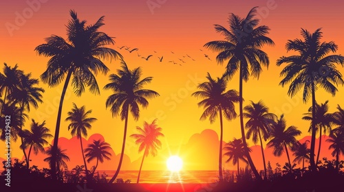 Tropical palm trees silhouetted against a sunset in an illustration