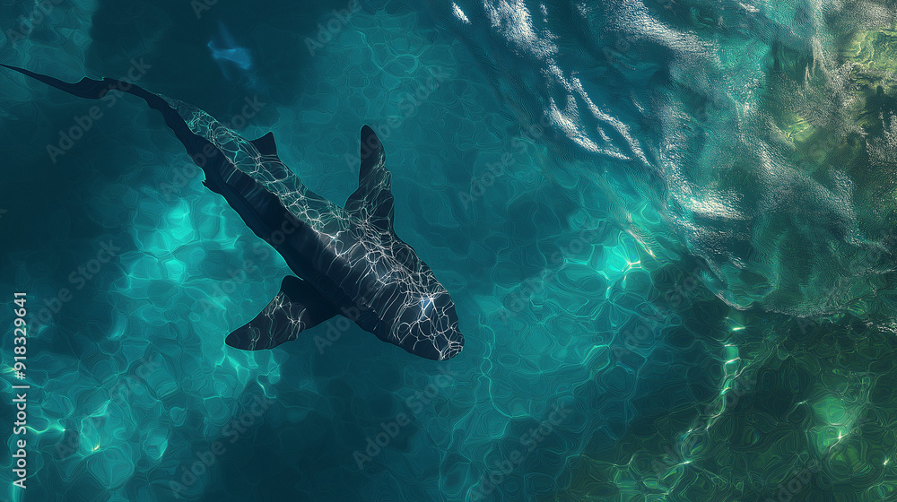 Prominent shark, with its distinctive shape and fins, swims gracefully through the clear blue waters. The sunlight penetrates the water, creating a mesmerizing pattern of light and shadow on the ocean Prominent shark, with its distinctive shape and fins, swims gracefully through the clear blue waters. The sunlight penetrates the water, creating a mesmerizing pattern of light and shadow on the ocean