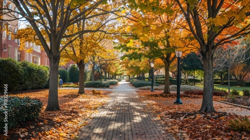 Fototapeta Naklejka Na Ścianę i Meble -  University campus during fall with colorful leaves and scenic pathways.