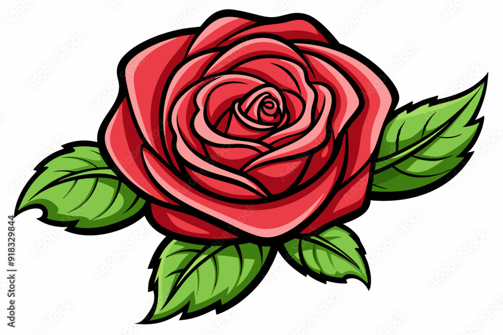 A Red Rose with Green Leaves Against a White Background A Red Rose with Green Leaves Against a White Background