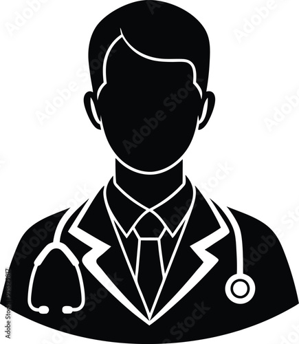 Doctor with Elements Vector Illustration Black and White Silhouette on White Background