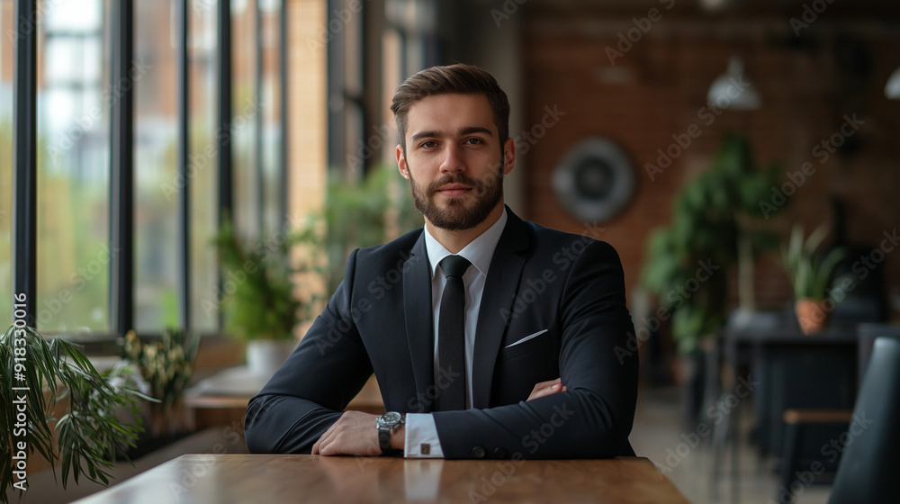 A well-dressed man in a formal suit, seated at a table in a spacious, modern office environment. The office has large windows allowing ample natura light, and there are potted plants scattered around A well-dressed man in a formal suit, seated at a table in a spacious, modern office environment. The office has large windows allowing ample natura light, and there are potted plants scattered around