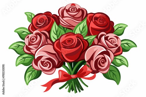 Bouquet of Red and Pink Roses with Green Leaves and Red Bow