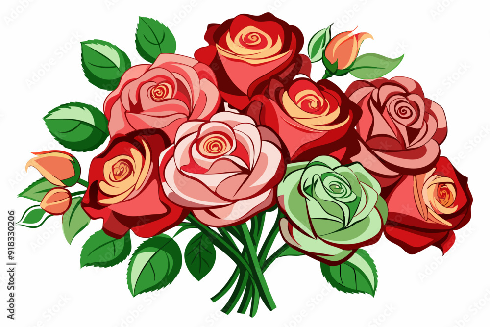 Obraz premium A Bouquet of Multicolored Roses with Green Leaves