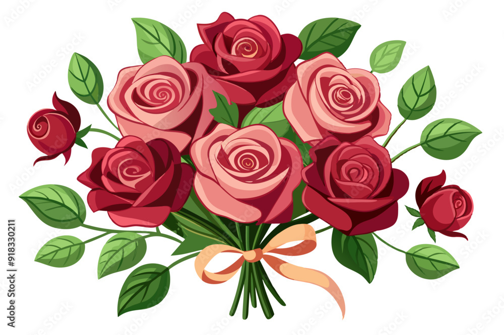 Fototapeta premium A Bouquet of Red and Pink Roses with Green Leaves and a Peach Ribbon