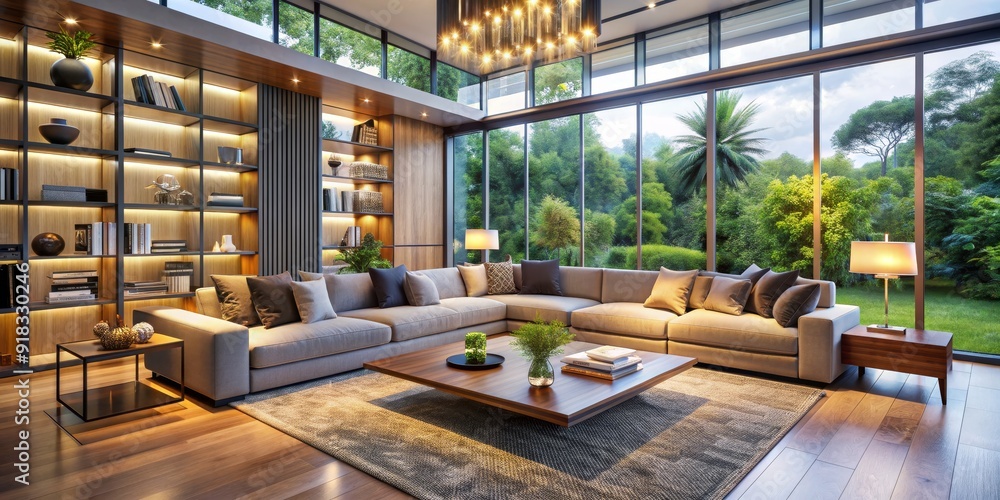 Modern Living Room with Large Windows and a Cozy Sofa, 3D Rendering, Interior Design, Home Decor, Luxury