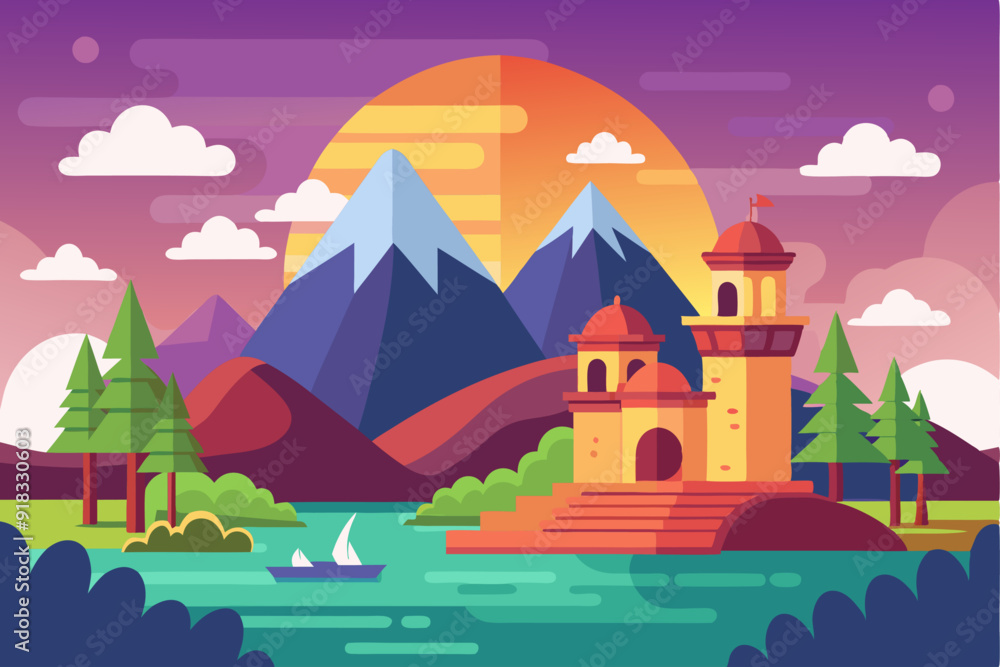 A Picturesque Sunset View with a Towering Castle and Tranquil Lake A Picturesque Sunset View with a Towering Castle and Tranquil Lake
