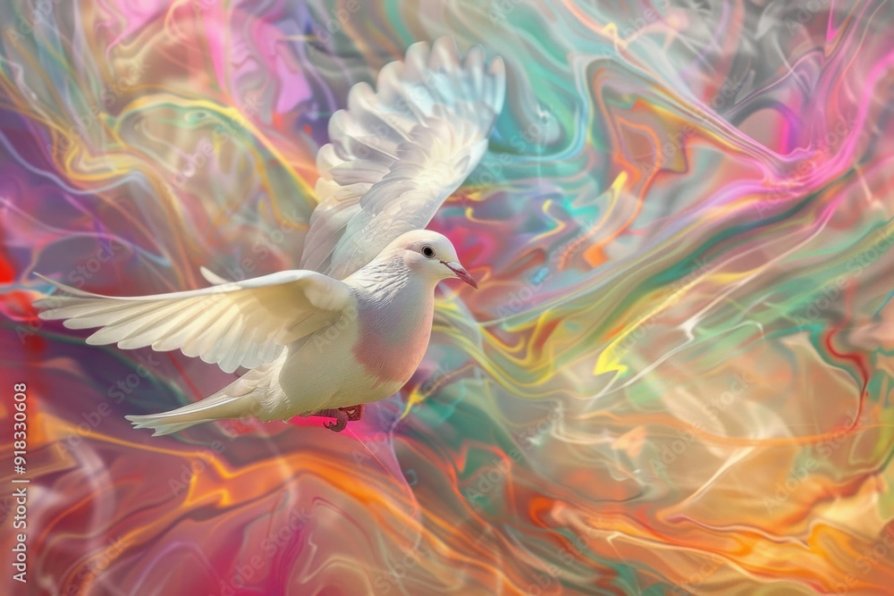 Digital artwork of a white dove soaring amidst a vibrant, swirling multicolor backdrop Digital artwork of a white dove soaring amidst a vibrant, swirling multicolor backdrop