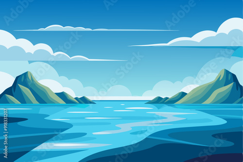 Tranquil Sea Inlet Between Two Green Mountains Under a Blue Sky