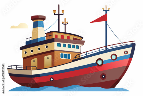 Cartoon illustration of a red and blue fishing boat on the water