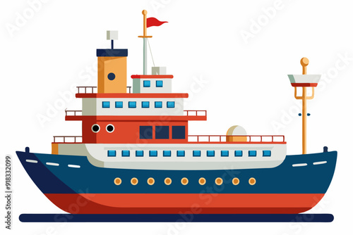 Cartoon illustration of a blue and red ship with a red flag