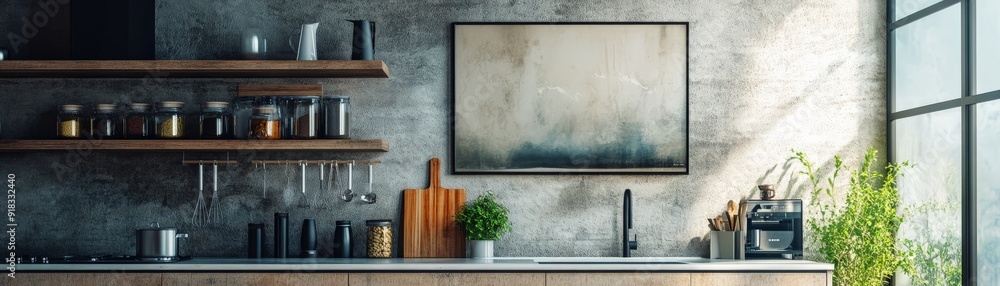 Modern kitchen interior with wooden shelves, kitchenware, and a painting on a concrete wall, with natural light filtering through a large window. Modern kitchen interior with wooden shelves, kitchenware, and a painting on a concrete wall, with natural light filtering through a large window.