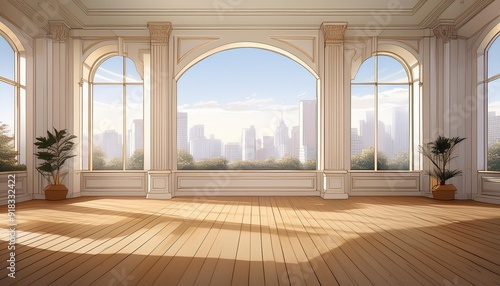 AI-generated illustration of a spacious empty room with wooden floor and white walls with columns supporting the windows overlooking the city