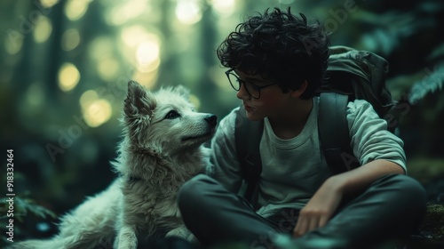 A young hiker with curly hair and a backpack sits on a forest path, accompanied by a loyal dog gazing at them amidst a serene and lush green environment. photo