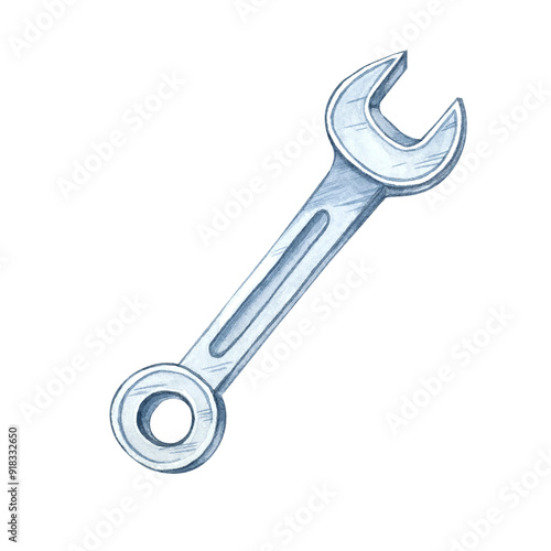 Metal silver wrench, with a detailed open-ended design. Watercolor clipart of the workshop tool. DIY instrument for construction, automotive design, tool catalogs, instructions or engineering projects